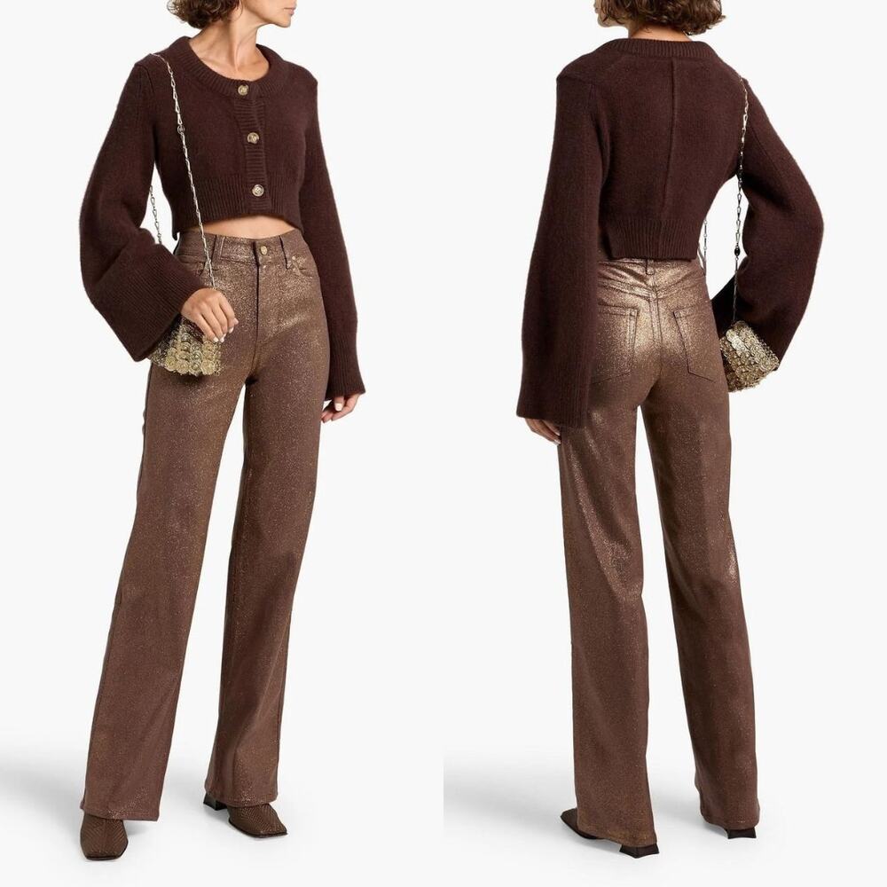 Paige Sasha Glittered High Rise Jeans Size 33 35 Waist Brown Brass Horn Wide Leg